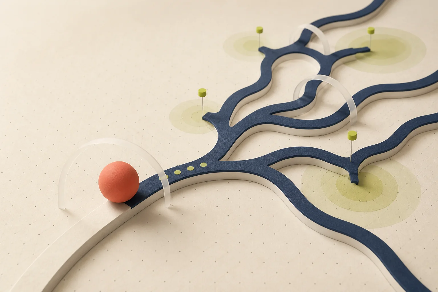 Abstract branching paths with a coral sphere representing decisions under uncertainty